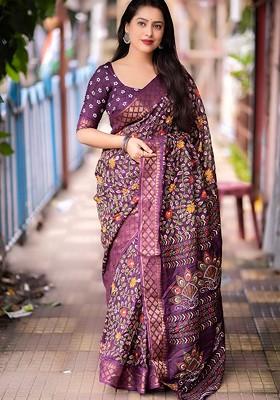 Purple Embroidered Blended Saree Set