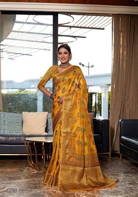 Mustard Embroidered Blended Saree Set