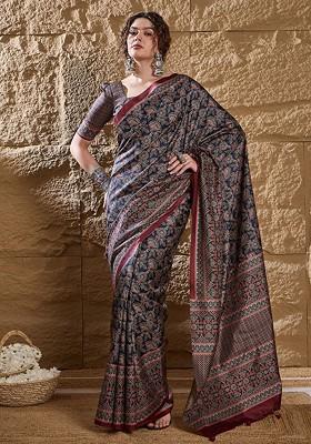 Navy Blue Printed Blended Saree Set