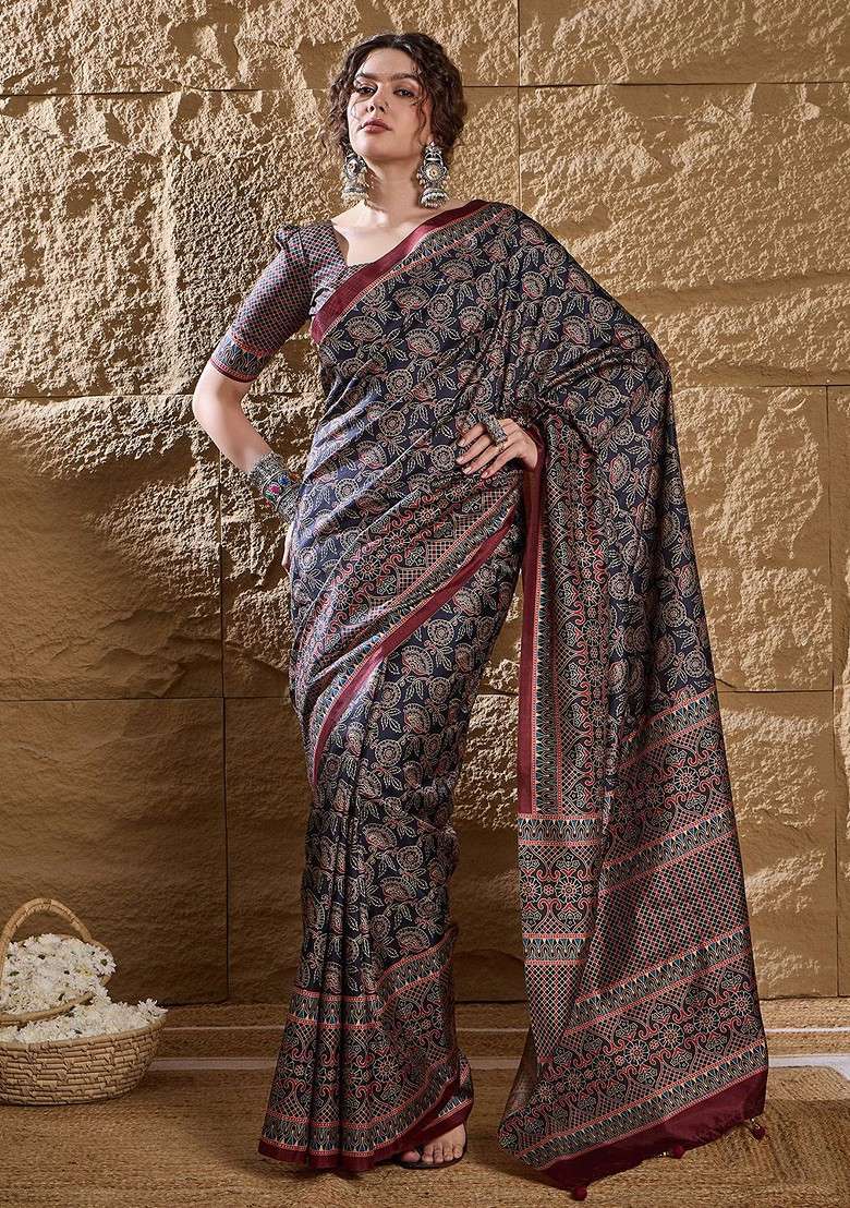 Navy Blue Blended Saree Set with Printed for Diwali | Wedding & Festive Wear - Indya