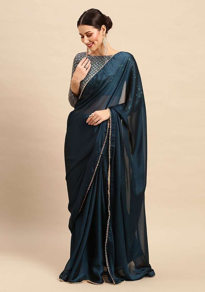 Teal Blended Saree Set with Embroidered for Diwali | Wedding & Festive Wear - Indya