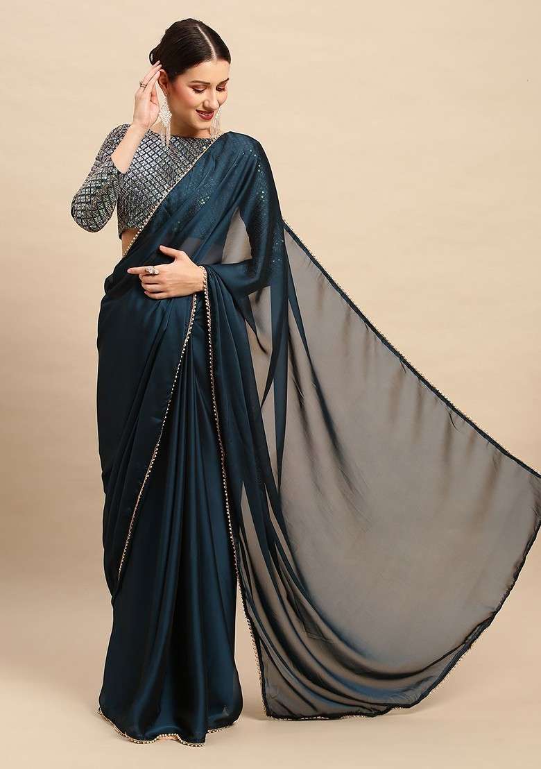 Teal Blended Saree Set with Embroidered for Diwali | Wedding & Festive Wear - Indya