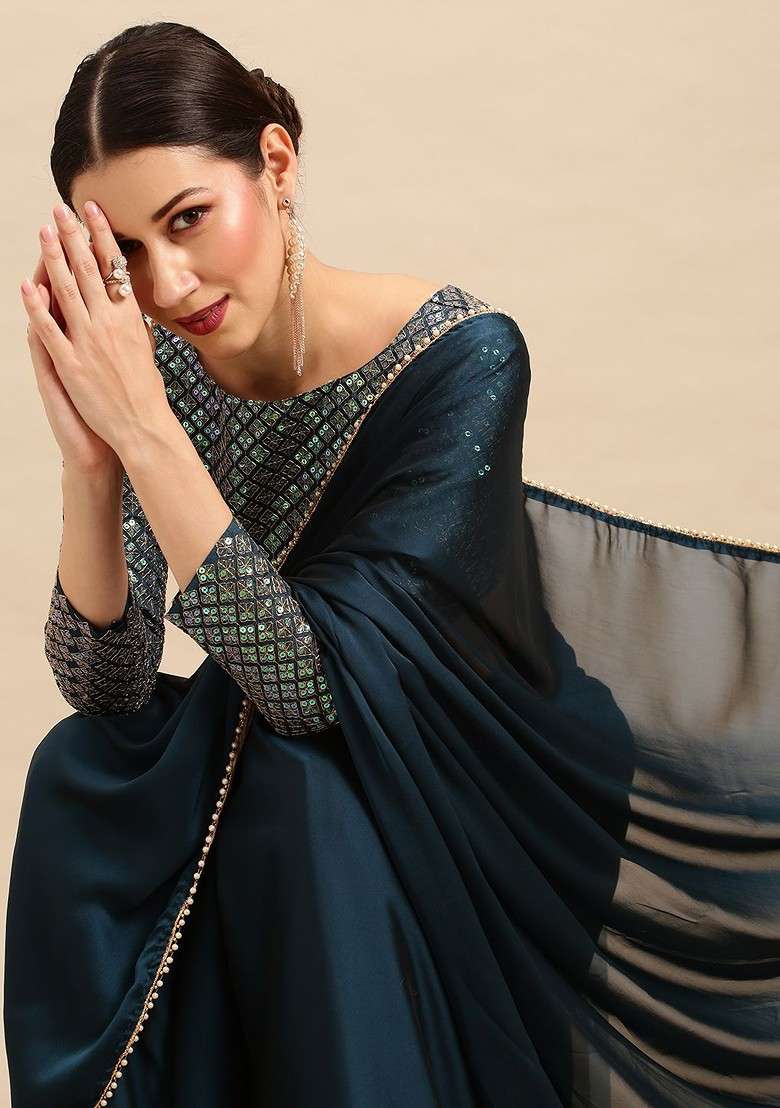 Teal Blended Saree Set with Embroidered for Diwali | Wedding & Festive Wear - Indya