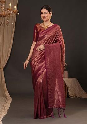 Maroon Embroidered Blended Saree Set