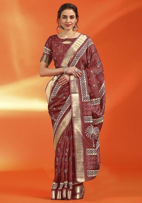 Rust Printed Blended Saree Set