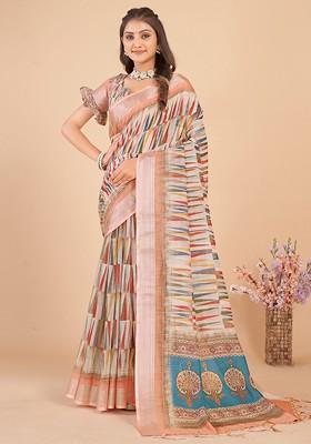 Beige Embroidered Blended Saree Set