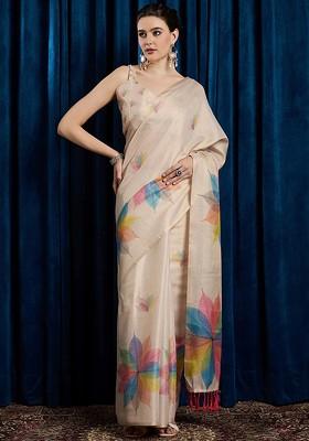 Beige Printed Blended Saree Set