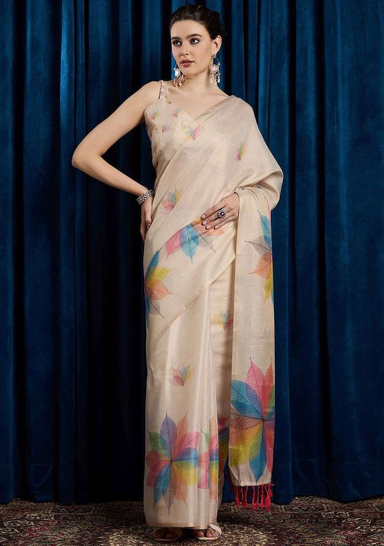 Beige Printed Blended Saree Set for Diwali and Festive Wear - Indya