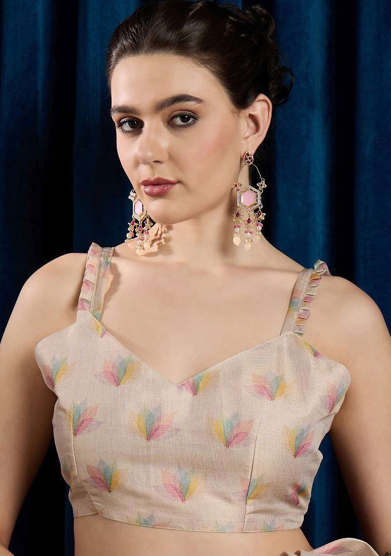 Beige Printed Blended Saree Set for Diwali and Festive Wear - Indya