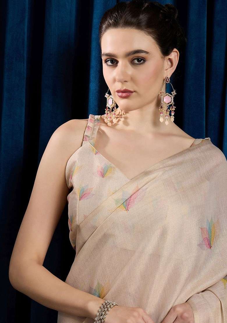 Beige Printed Blended Saree Set for Diwali and Festive Wear - Indya