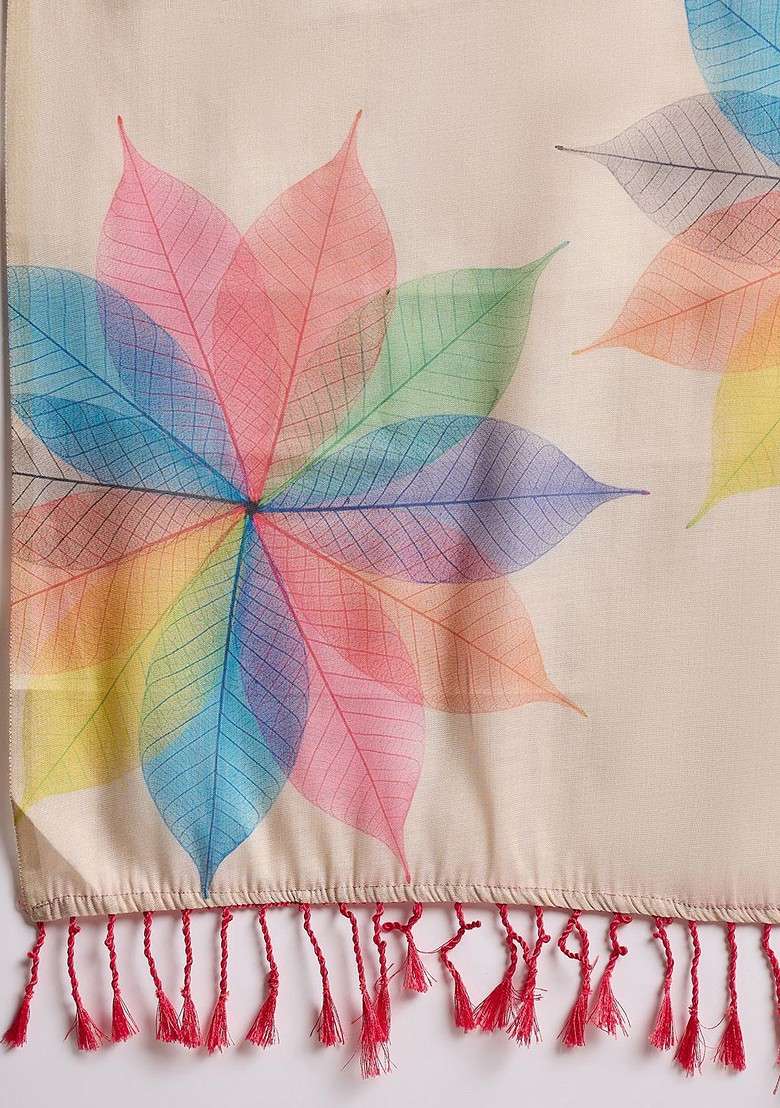 Beige Printed Blended Saree Set for Diwali and Festive Wear - Indya