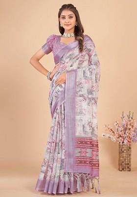 Off White Embroidered Blended Saree Set