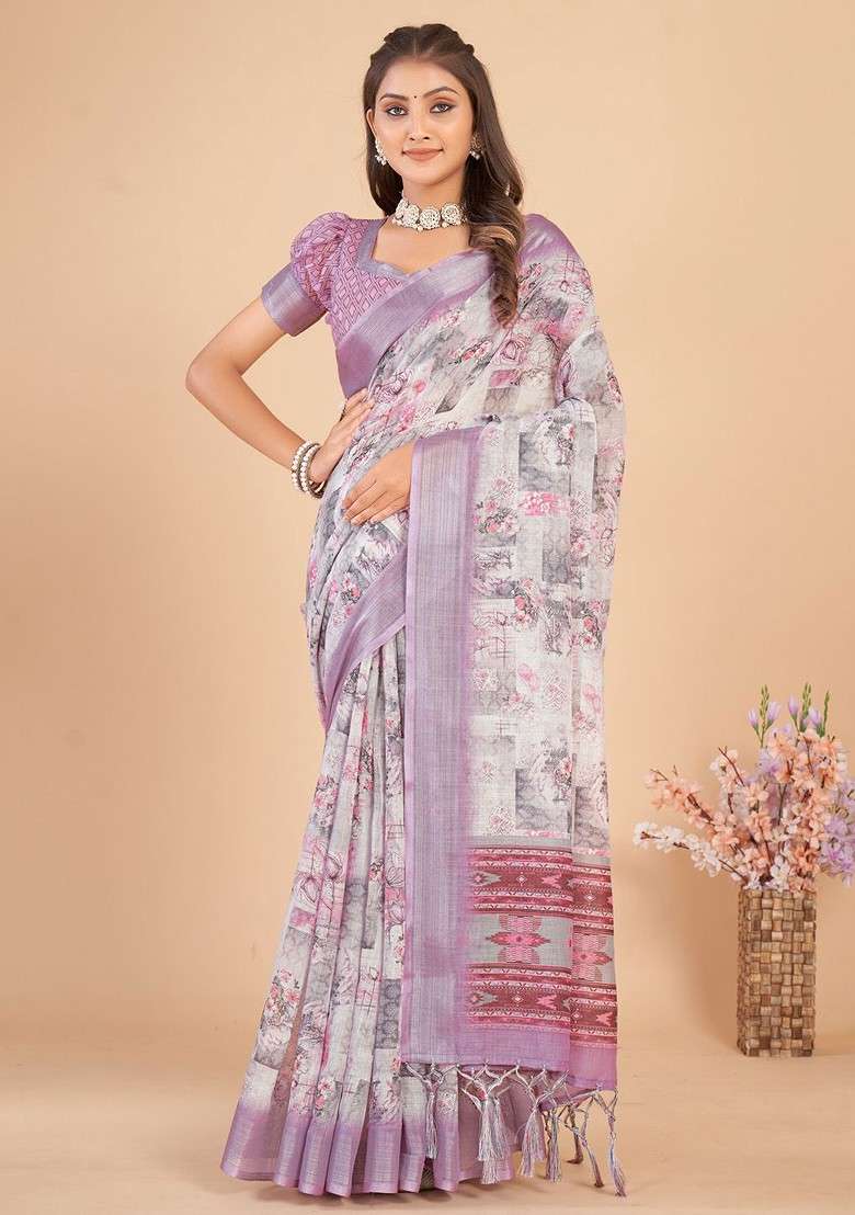 Off White Embroidered Blended Saree Set - Indya