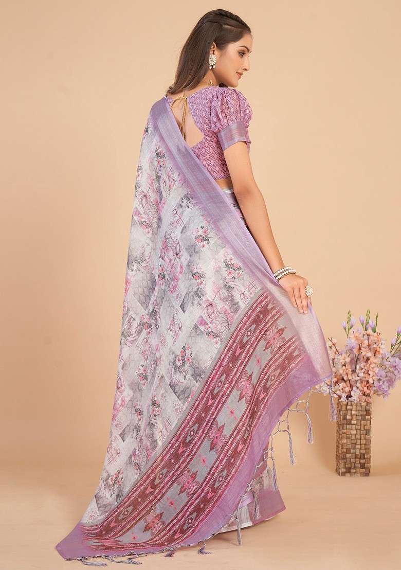 Off White Embroidered Blended Saree Set - Indya