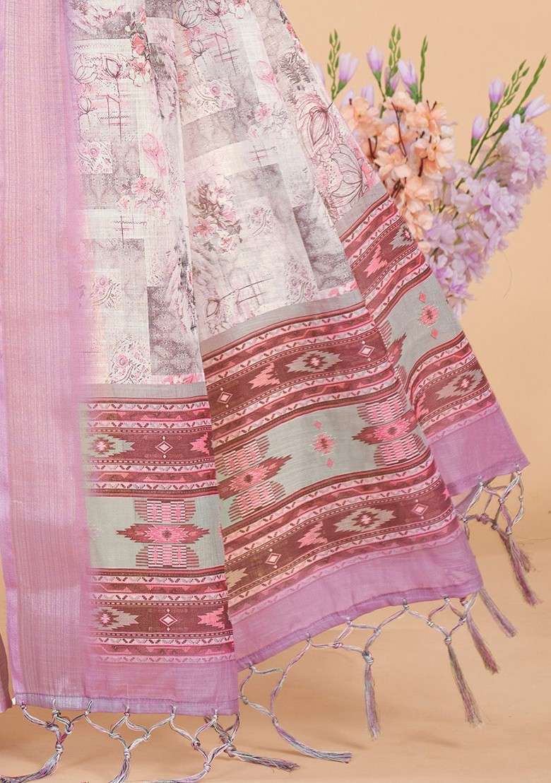 Off White Embroidered Blended Saree Set - Indya