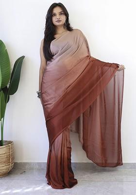 Brown Embroidered Blended Saree Set