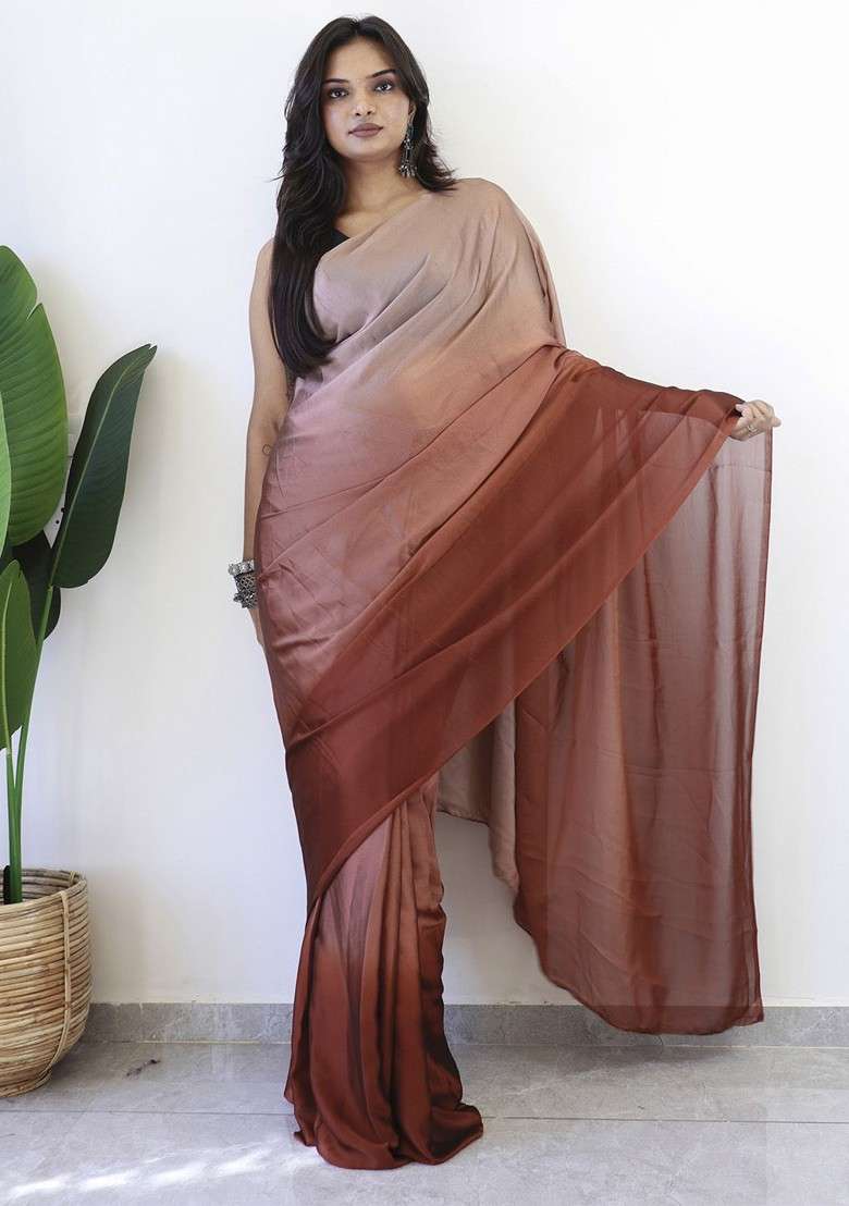 Brown Embroidered Blended Saree Set - Indya