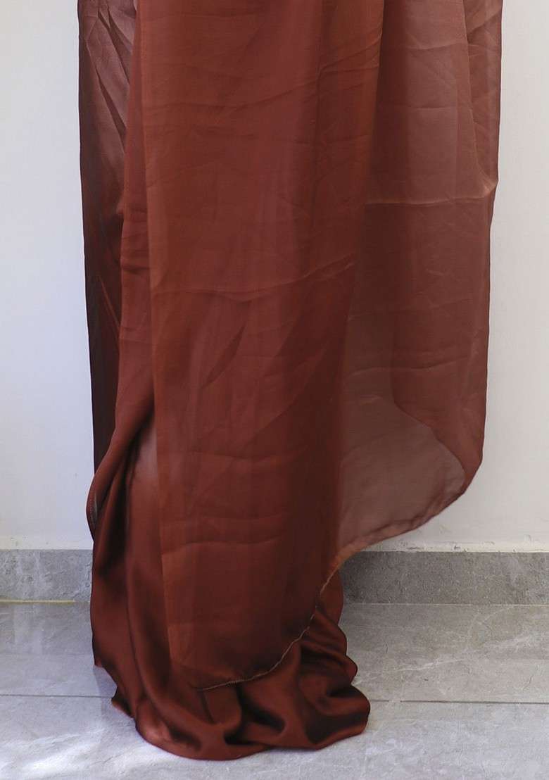 Brown Embroidered Blended Saree Set - Indya