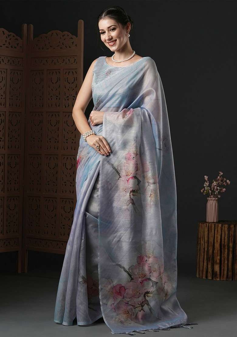 Metallic Blended Saree Set with Printed for Diwali | Wedding & Festive Wear - Indya