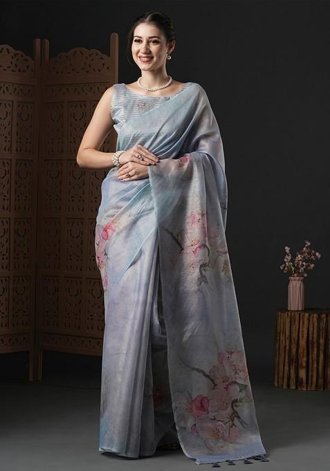 Metallic Printed Blended Saree Set