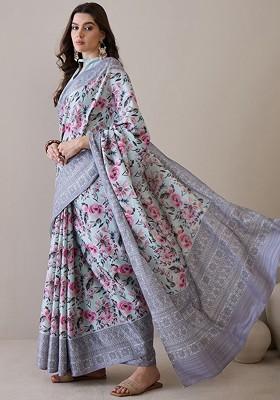 Turquoise Blue Printed Blended Saree Set