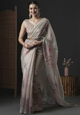 Beige Printed Blended Saree Set
