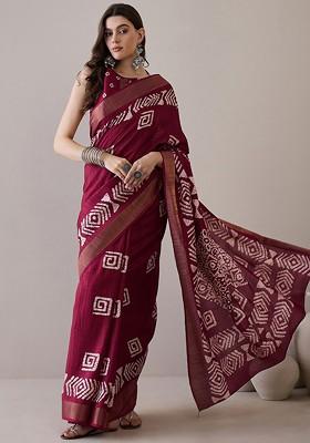 Magenta Embroidered Blended Saree Set