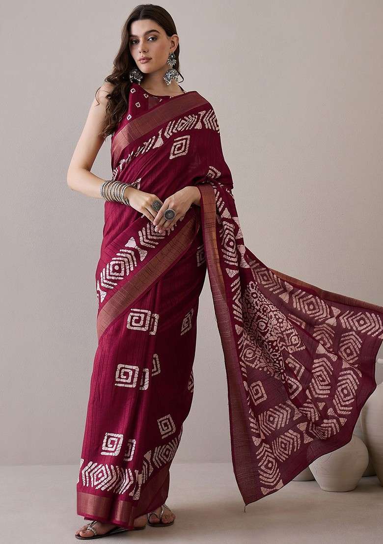 Magenta Embroidered Blended Saree Set for Diwali and Festive Wear - Indya