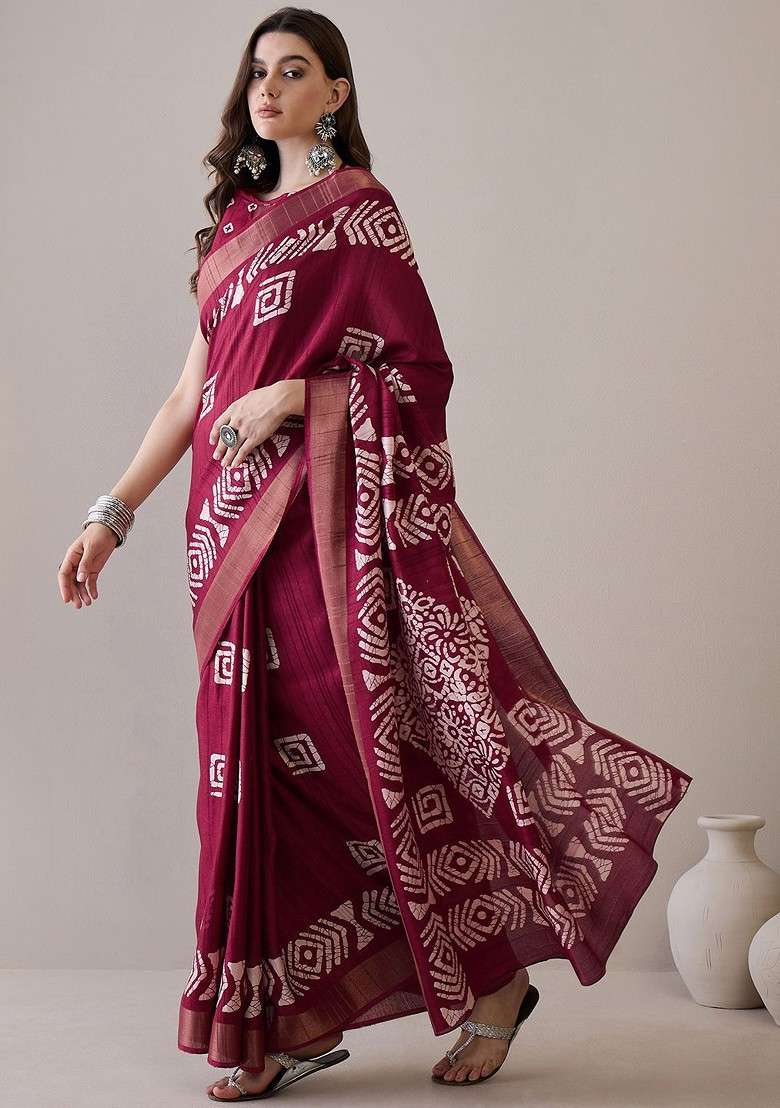 Magenta Embroidered Blended Saree Set for Diwali and Festive Wear - Indya