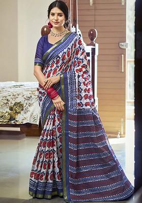 Navy Blue Printed Blended Saree Set