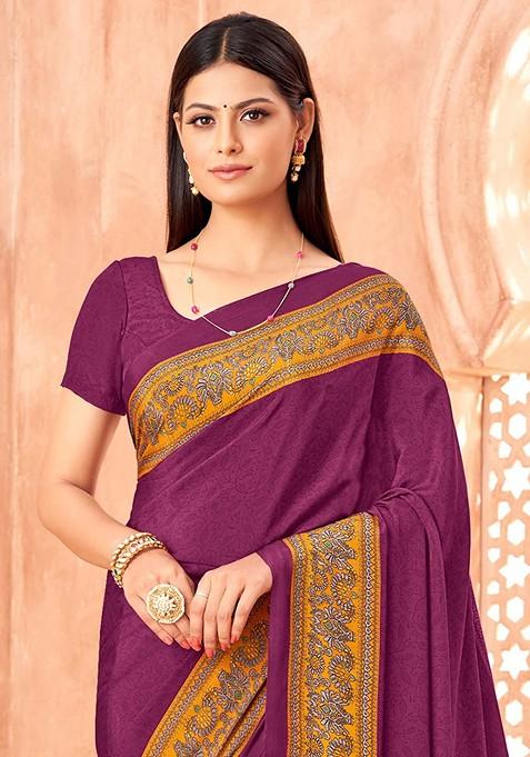 Purple Printed Blended Saree Set