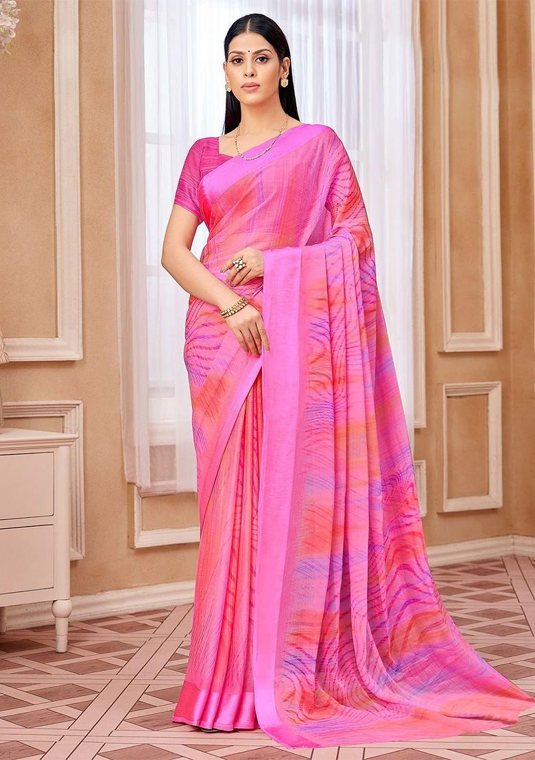 Pink Bagru Printed Blended Saree Set
