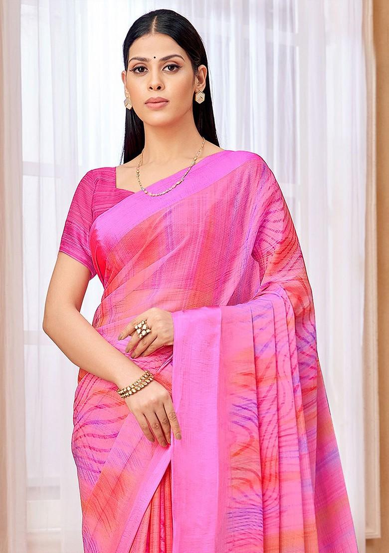 Pink Bagru Printed Blended Saree Set