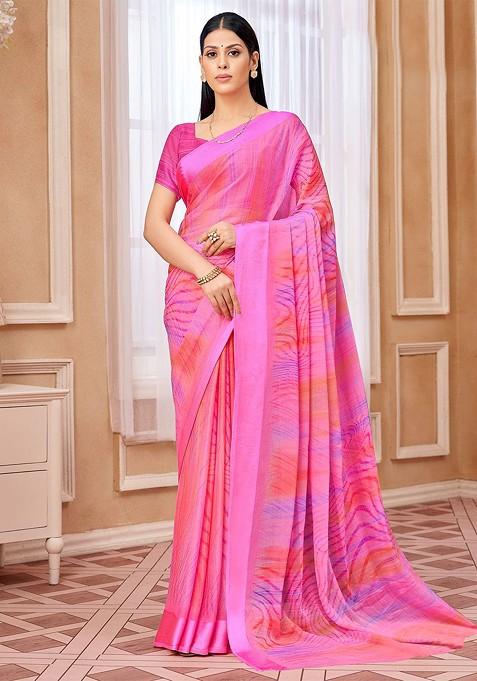 Pink Bagru Printed Blended Saree Set