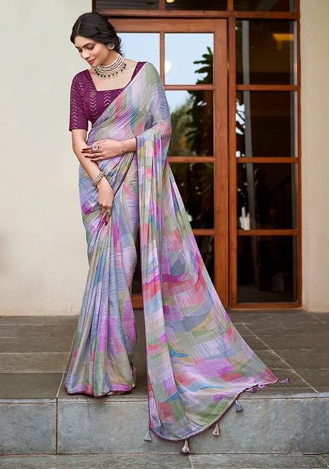 Pink Bagru Printed Blended Saree Set