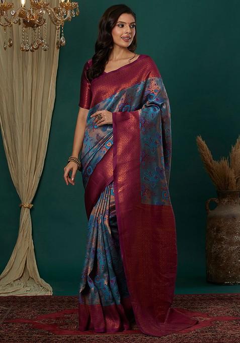 Blue Jacquard Blended Saree Set — view on Indya