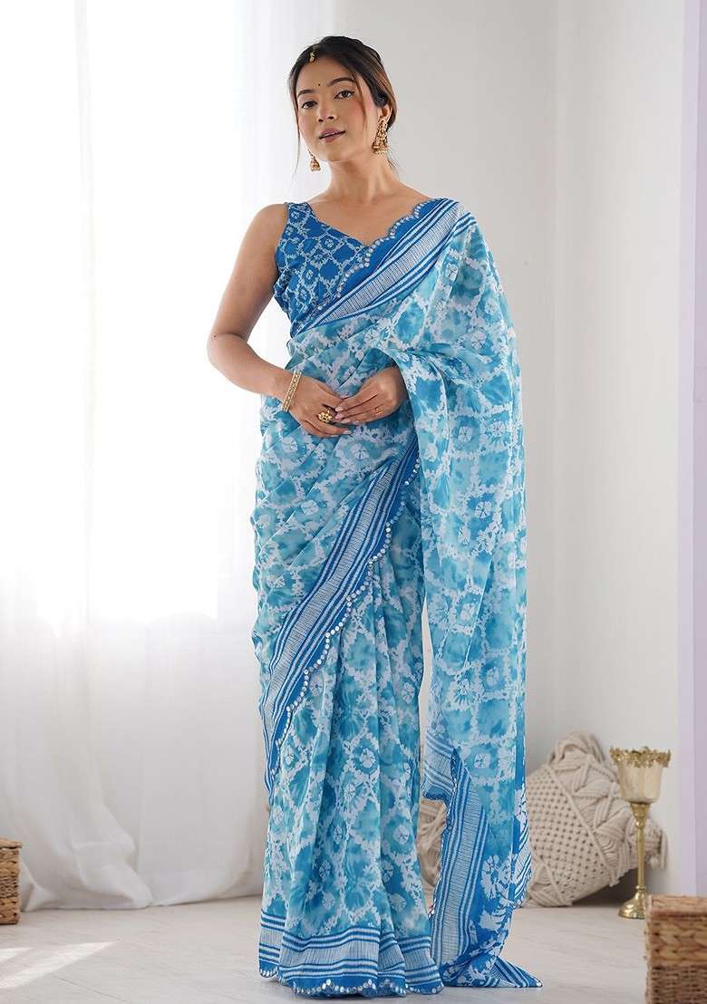 Blue Embellished Blended Saree Set for Diwali | Wedding & Festive Wear - Indya