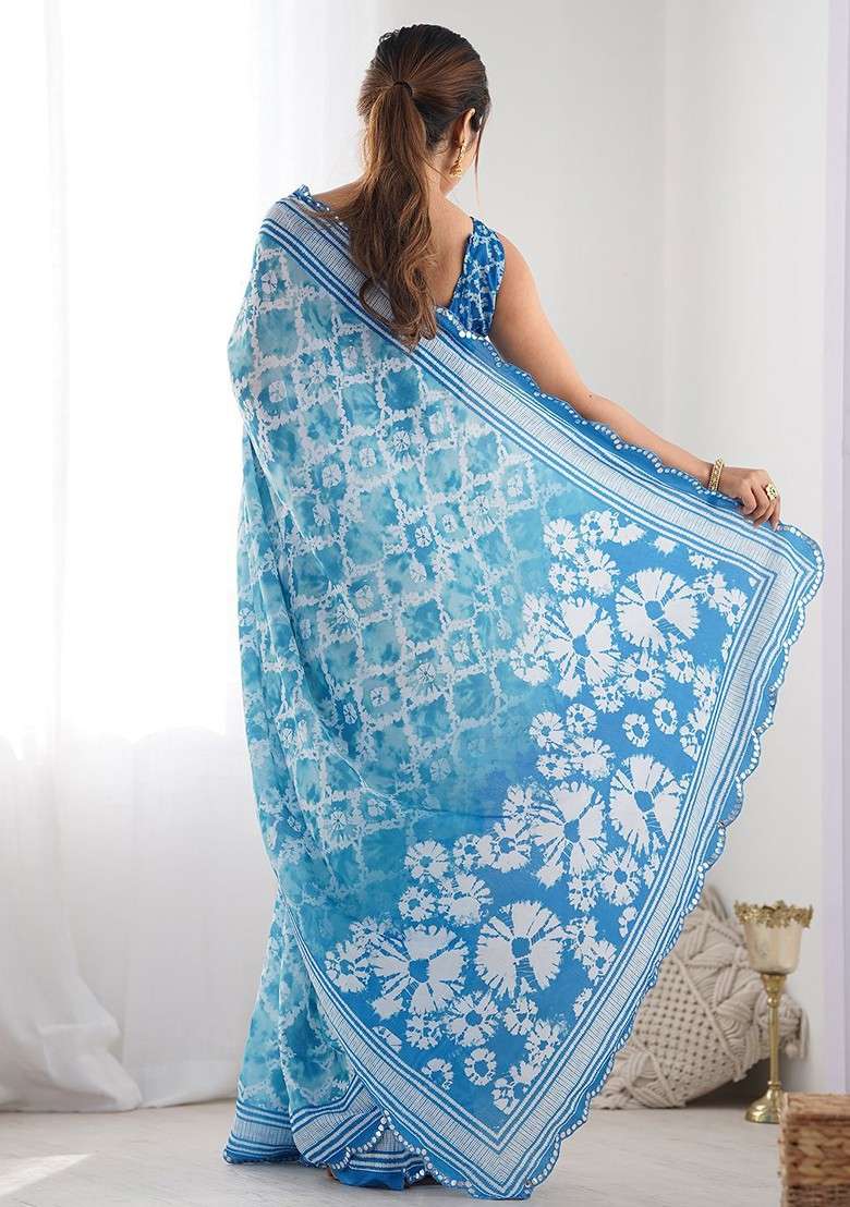 Blue Embellished Blended Saree Set for Diwali | Wedding & Festive Wear - Indya