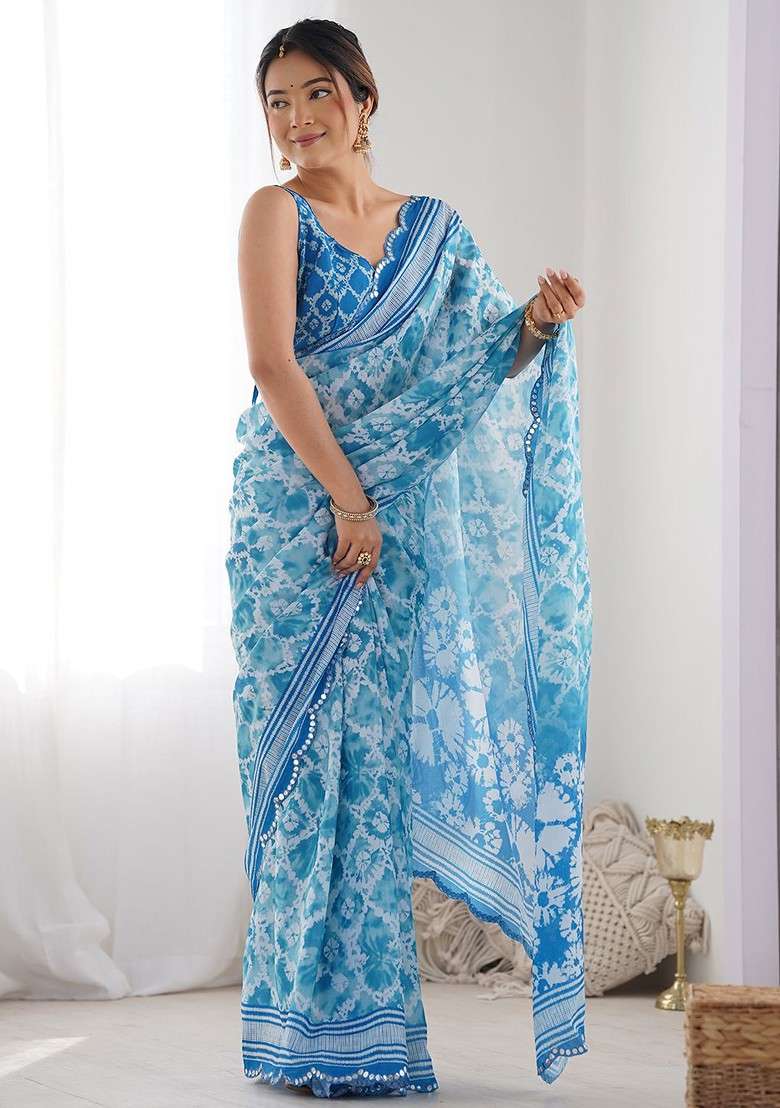 Blue Embellished Blended Saree Set for Diwali | Wedding & Festive Wear - Indya