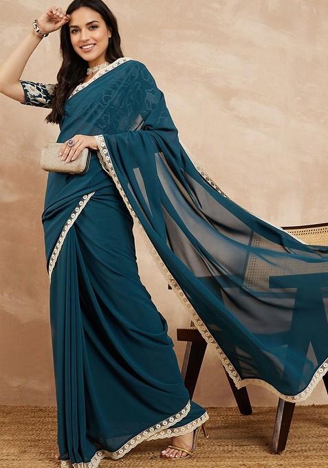 Green Embroidered Blended Saree Set