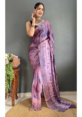 Purple Embroidered Blended Saree Set