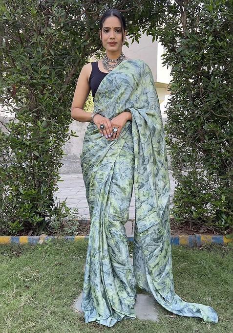Blue Printed Blended Saree Set
