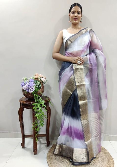 Purple Embroidered Blended Saree Set