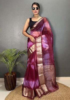 Purple Embroidered Blended Saree Set