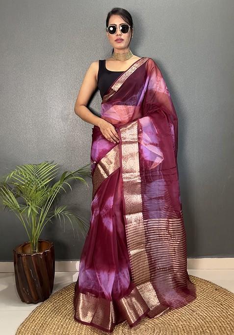 Purple Embroidered Blended Saree Set