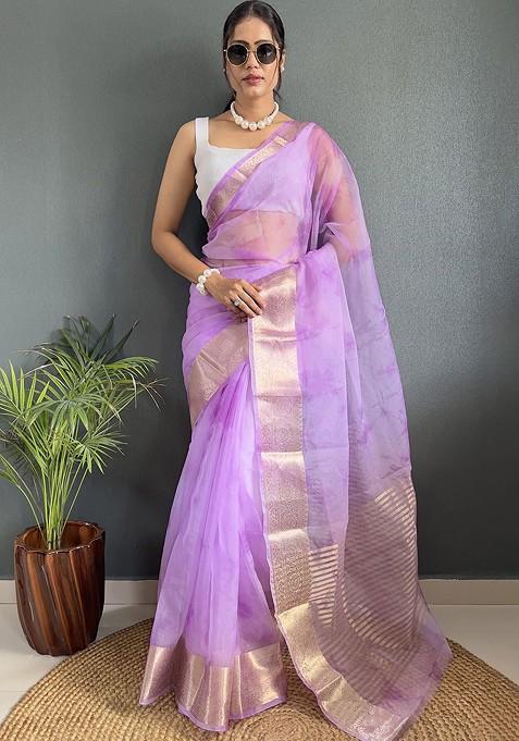 Purple Embroidered Blended Saree Set