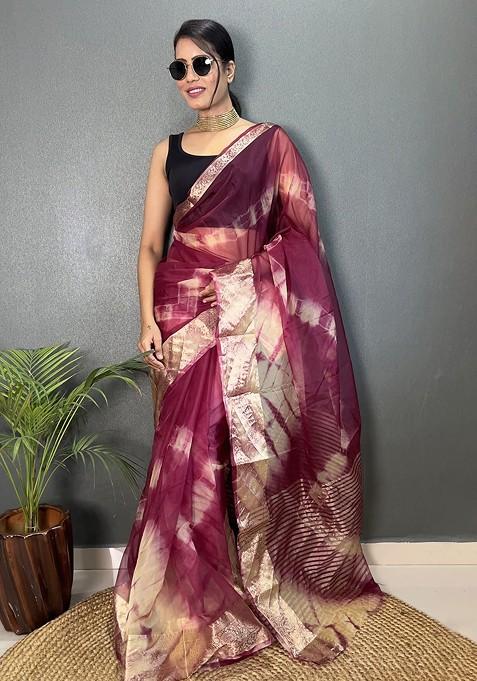 Purple Embroidered Blended Saree Set