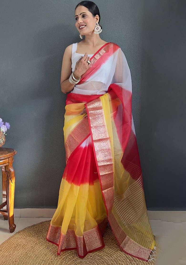 Red Embroidered Blended Saree Set - Indya