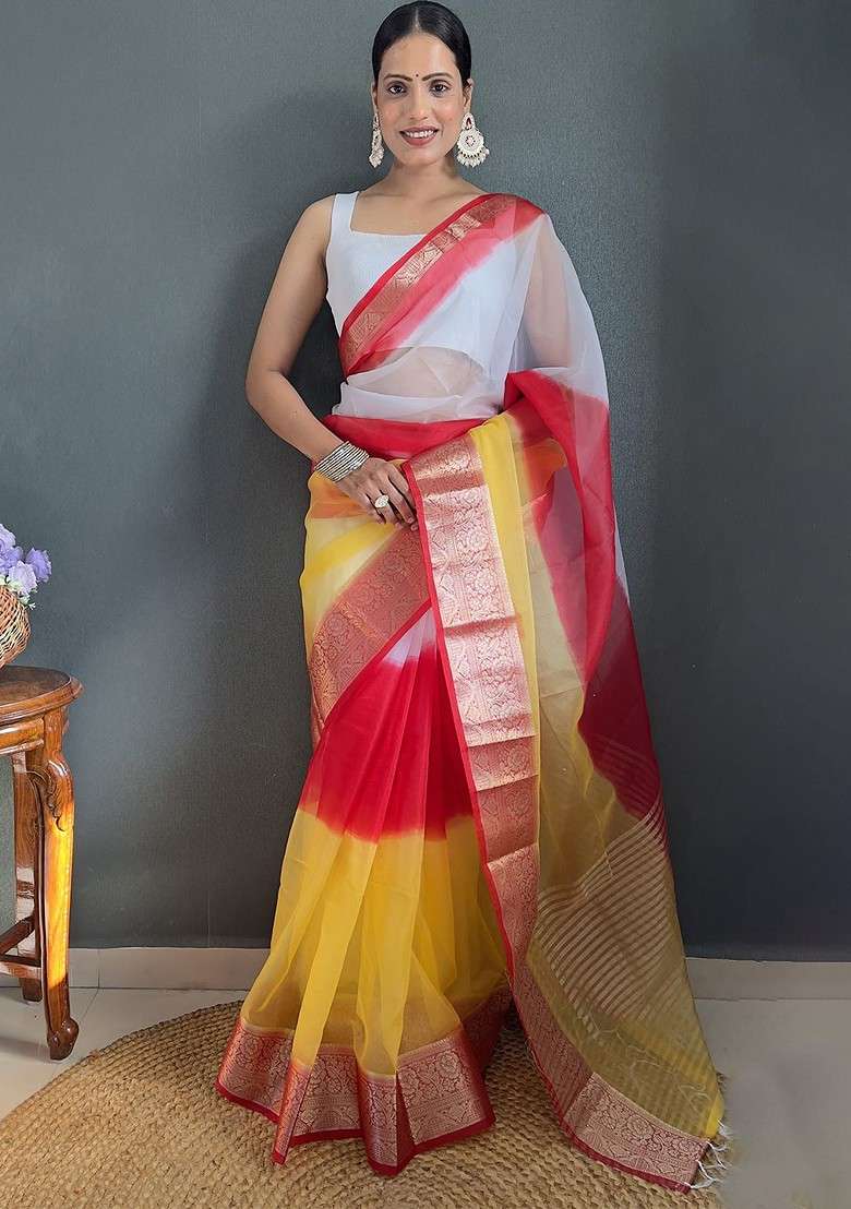 Red Embroidered Blended Saree Set - Indya