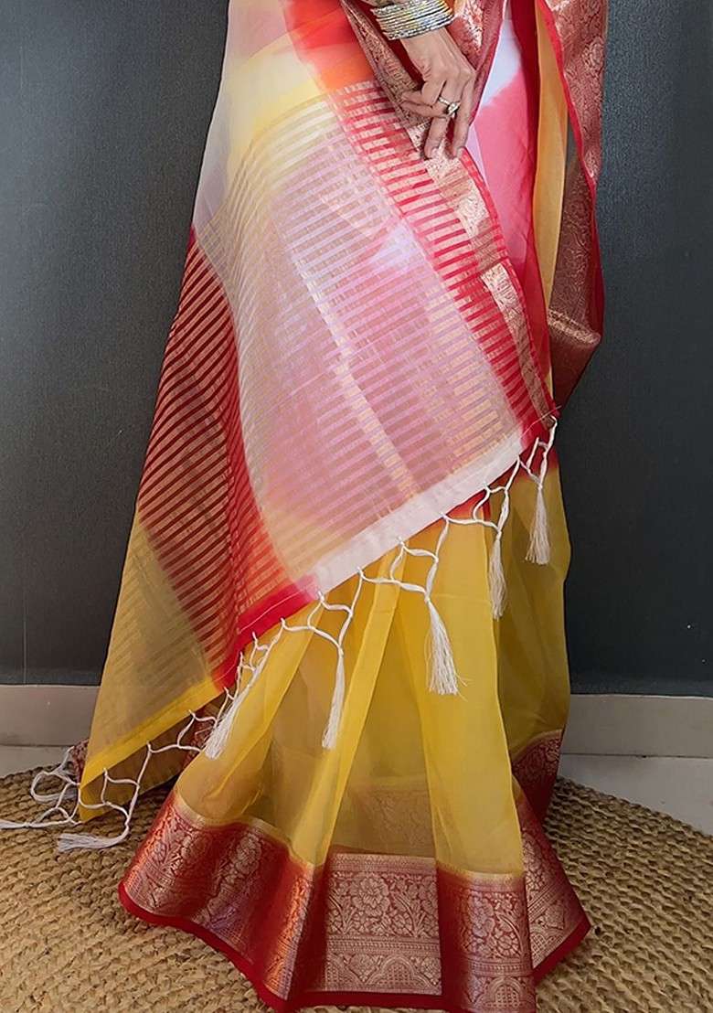 Red Embroidered Blended Saree Set - Indya